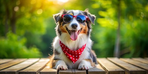 Photo of a cheerful australian shepherd dog wearing sunglasses and a red bandana, lying on a wooden deck outdoors with a blurred green background