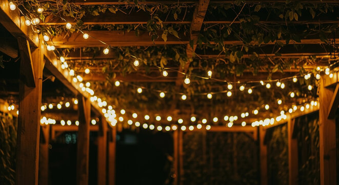 Warm lights create a cozy atmosphere in a decorated sukkah for a Jewish holiday celebration at night
