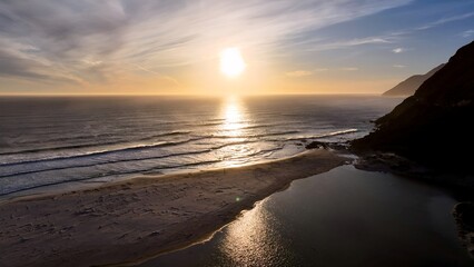 Obraz premium Sunset Noordhoek Beach In Cape Town Western Cape South Africa. Breathtaking Aerial View Of A Lush Tropical Coastline Scenery. Sunrise Sky Clouds Beach Sea. Sunrise Outside Beach Panorama Landscape.