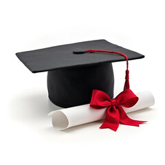 Graduation cap with a tassel, rolled diploma tied with a red ribbon.