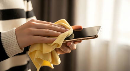 Person Cleaning Smartphone Screen with Yellow Cloth in Bright Indoor Light for Sanitization and Hygiene