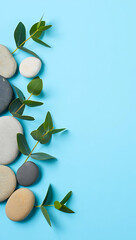 Zen stones with bamboo and green leaves for relaxation and harmony. AI generated