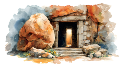 Watercolor tomb and stone cave, religious resurrection concept, isolated