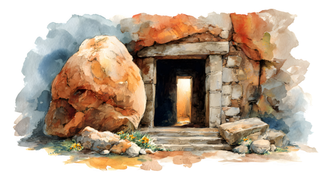 Watercolor tomb and stone cave, religious resurrection concept, isolated