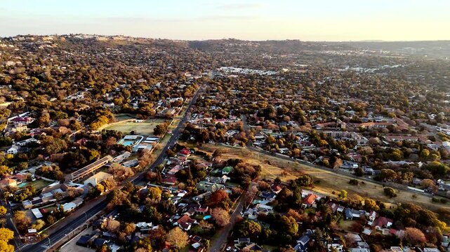 High aerial view over Cresta Northcliff in Randburg Johannesburg during sunset