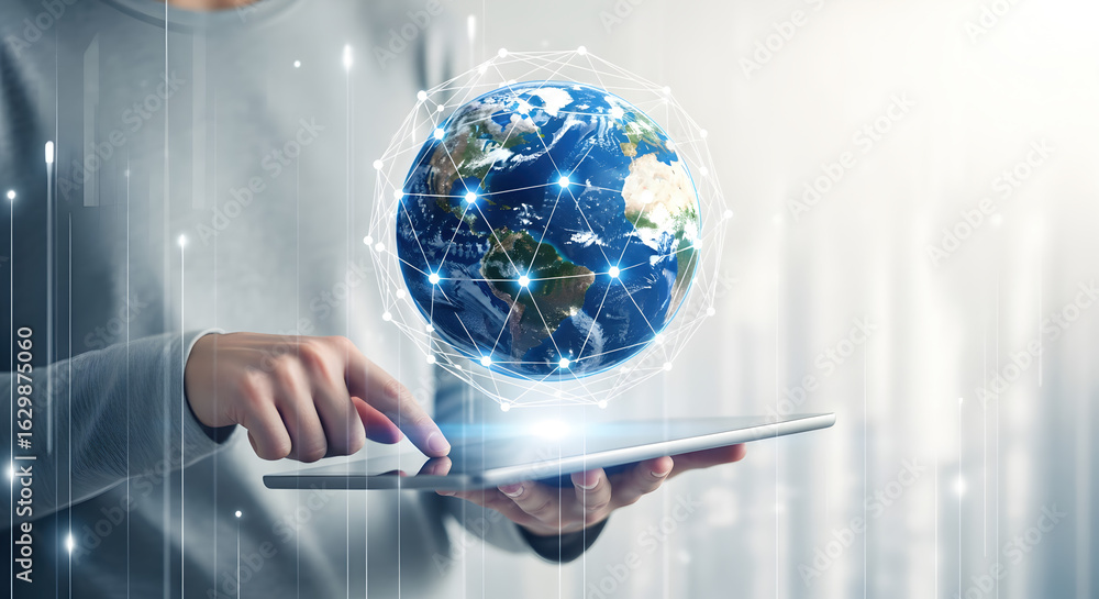 Poster person holding digital tablet displaying holographic earth globe with glowing network on a soft blur