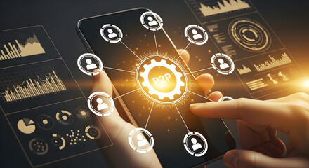 Person Holding Glowing Smartphone Displaying P2P Network Diagram with Data Charts in a Modern Business Technological Context