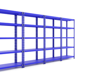 Blue metal storage shelves, Shelf industry. 3D rendering.