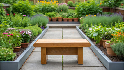 Kitchen garden ideas for small spaces. Serene garden path featuring an inviting wooden bench surrounded by vibrant plants and flowers.