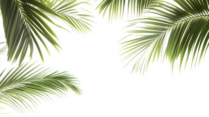 Tropical palm leaves mid-flight, dynamic movement, white studio background