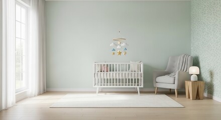 Serene Nursery with White Crib, Armchair, and Cloud Mobile