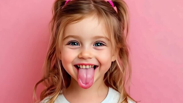 Portrait of a cheerful preschooler girl showing her tongue, expressing happiness and playfulness, isolated on a pink background
