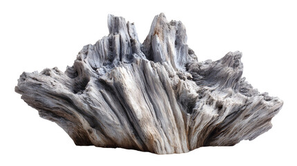 Driftwood tree stump with weathered texture, isolated on white