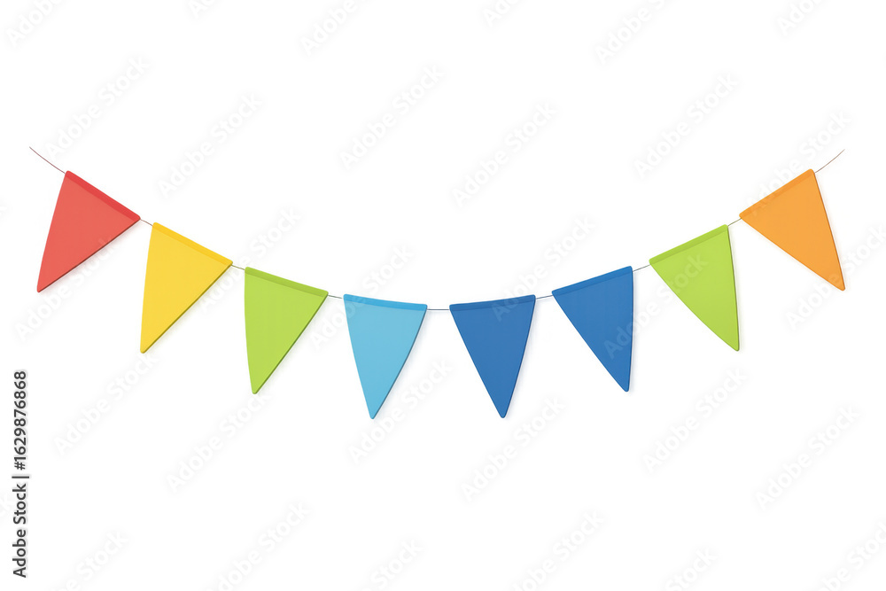 Poster string of colorful triangular bunting flags hanging against a transparent background, creating a fes