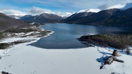 Escondido Lake In Ushuaia Fin Del Mundo Argentina. Aerial View Of A River Surrounded By Lush Green...