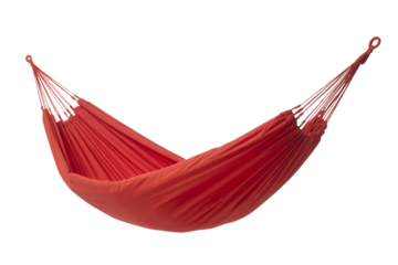 Vibrant red hammock suspended against a transparent background