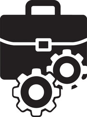 Silhouette vector of a briefcase with gears, representing business strategy, settings, and productivity tools.