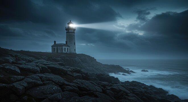 A lighthouse shines brightly on a rocky coast under a cloudy and dramatic night time sky scene view