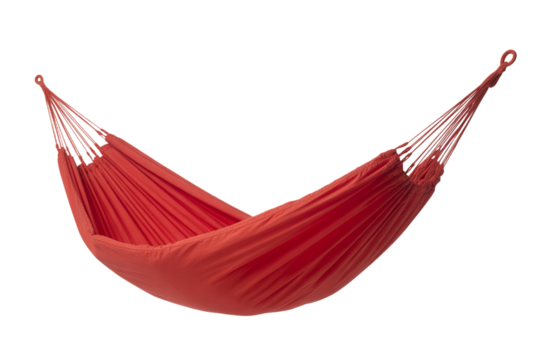 Vibrant red hammock suspended against a transparent background - Powered by Adobe