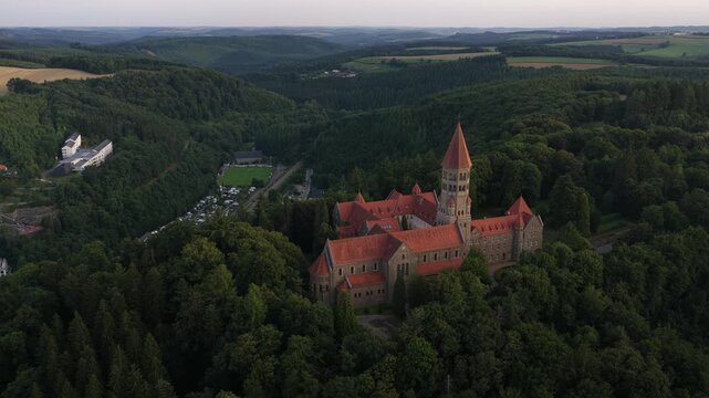 The Monastery Abbey of Clairvaux, Luxembourg. Aerial video. Historic building. Benediktinerabtei hellege Moritz, Abbaye Saint-Maurice et Saint-Maur de Clervaux
