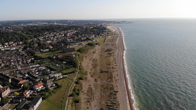 Static drone shot of Lowestoft Beach in Suffolk, UK. 21.06.25