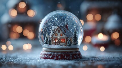 A snow globe featuring a miniature snow-covered house with warm interior lighting, nestled amongst evergreen trees, sits on a snowy surface against a 