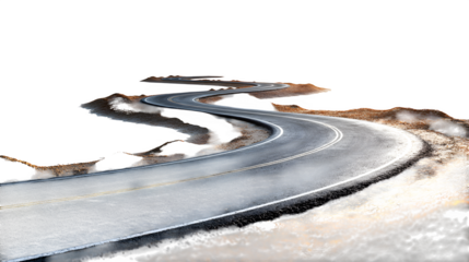 Winding curvy road with realistic asphalt texture, isolated on white