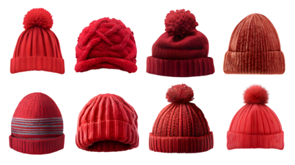 Winter hat collection in red tones, isolated on white