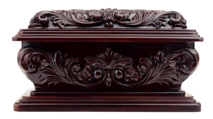 Elegant carved wooden box with glossy surface, isolated on white