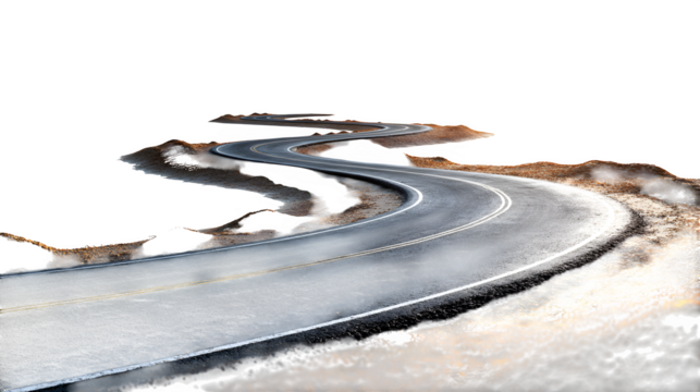 Winding curvy road with realistic asphalt texture, isolated on white