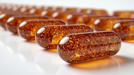 Glittering brown transparent capsules arranged diagonally on a white surface, close-up.