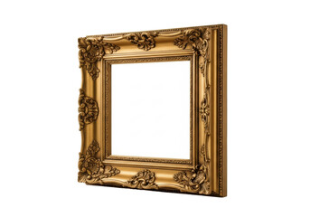 An antique, ornate, rectangular golden picture frame, meticulously crafted gilded wood with intricate floral and leaf carvings, aged patina, isolated on a transparent background with no shadows,