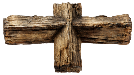 Wooden crucifix cross with rough texture, isolated on white