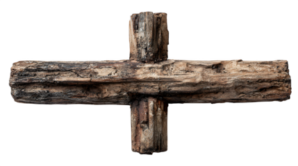 Wooden crucifix cross with rough texture, isolated on white