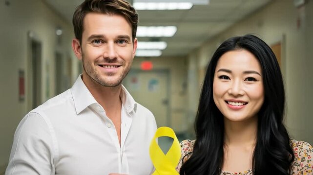 Couple Holding Yellow Ribbon for Mental Health Awareness at Hospital. September 10 World Suicide Prevention Day