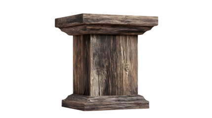 Wooden podium or stand with rustic finish, isolated on white