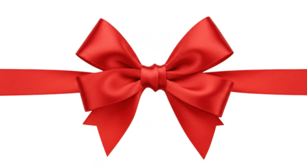 A vibrant red satin ribbon tied into a classic bow isolated on transparent background