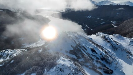 Sunset Sunrise Lake In Ushuaia Fin Del Mundo Argentina. Birds Eye View Of Stunning Dark River And...