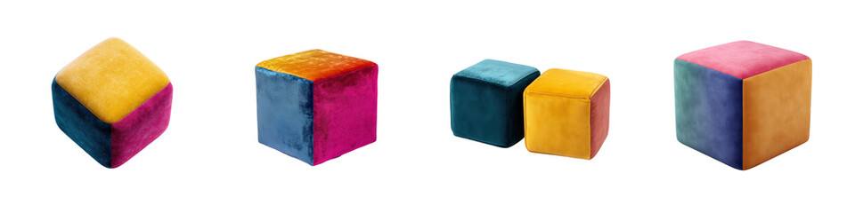 Fototapeta premium Four vibrant multi colored soft fabric ottomans and poufs displayed Various cube and rounded square shapes are visible transparent background
