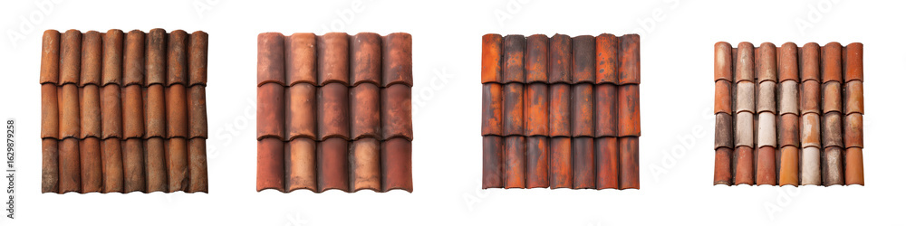 Poster various weathered terracotta roof tiles arranged in rows distinct patterns and textures of aged cera