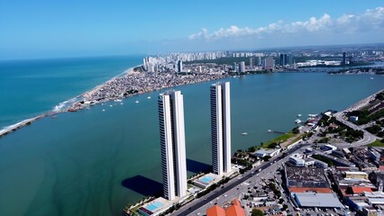 Twin Towers In Recife Pernambuco Brazil. Futuristic Skyscraper Is Towering Over The Downtown City....