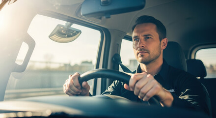Handsome man driving car. Man driving car, he holds steering wheel with confidence and enjoys journey in daytime. Conceptual man driving car for road trip travel or daily commute.