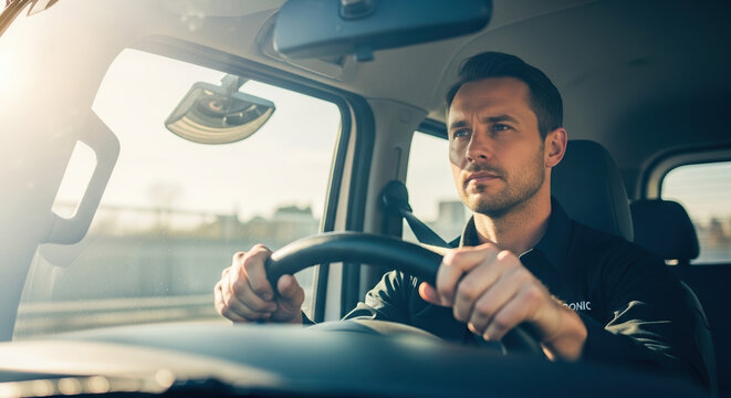 Handsome man driving car. Man driving car, he holds steering wheel with confidence and enjoys journey in daytime. Conceptual man driving car for road trip travel or daily commute. - Powered by Adobe