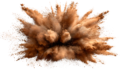 Fine brown powder burst explosion, isolated on white
