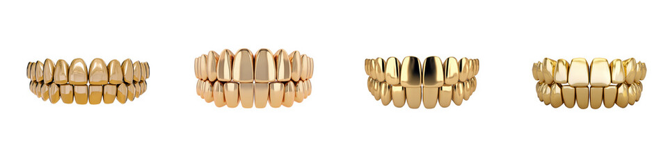 Four rows of glossy gold grillz on a dark background Each set of gold teeth gleams brightly isolate