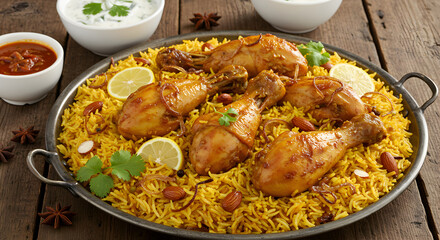 Grand Platter of Indian Chicken Biryani with Four Drumsticks and Almonds