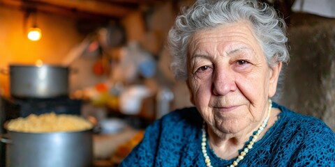 Elderly woman with gray hair is smiling warmly in a rustic kitchen, surrounded by cooking pots and traditional culinary elements, showcasing home cooking