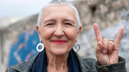 Confident senior woman with short hair is smiling and making a rock sign gesture outdoors, showcasing her vibrant personality and joyful spirit