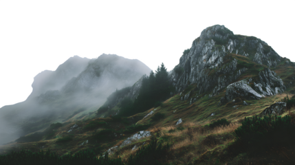 Foggy mountain landscape with mist, panoramic view, isolated