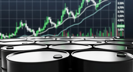 Oil barrels displayed against trading chart backdrop, illustrating fluctuating energy market dynamics. Crude oil barrels emphasize volatile trading environment within energy sector.